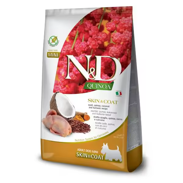FARMINA N&D DOG QUINOA SKIN COAT CODORNIZ MINI 2,5KG / alimento dietético completo para perros para la reducción de las intolerancias a ingredientes y nutrientes. - 1