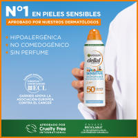 Garnier Delial Sensitive Advanced Bruma Protectora Anti Arena para pieles sensibles, claras e intolerantes al sol IP50+. Muy resistente al agua, sin perfume, no pegajoso. Testada bajo control pediátrico - 150 ml. - details 2