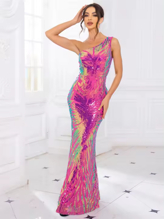 Vestido De Fiesta Romagic De Encaje Con Flor Y Lentejuelas De Hombro Solo Vestido Largo Para Mujer Sin Mangas Elástico Para Bodas Y Noches Elegantes - 1