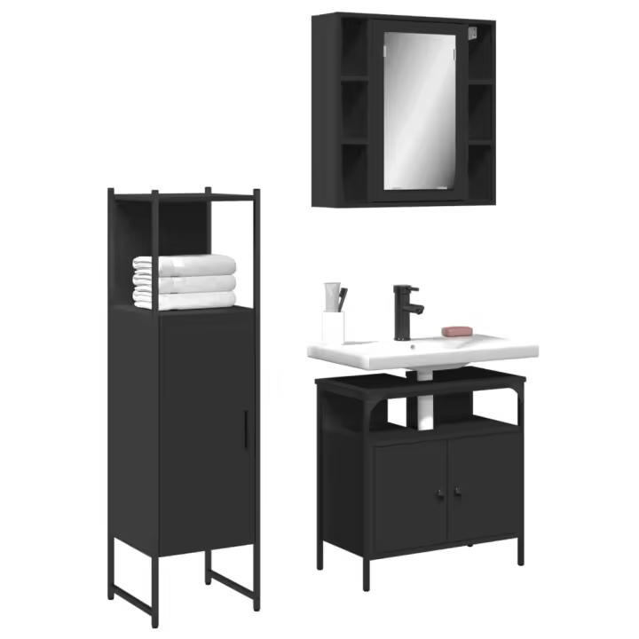 vidaXL Set de muebles de baño 3 pzas madera contrachapada en color Roble Sonoma/Gris sonoma/Roble ahumado y más | almacenamiento funcional diseño moderno para baño dormitorio sala - 1