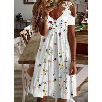 Nuevo Vestido Impreso De Verano Para Mujer Hombros Descubiertos Con Encaje Manga Corta Largo Hasta La Rodilla Estilo Casual - details 1