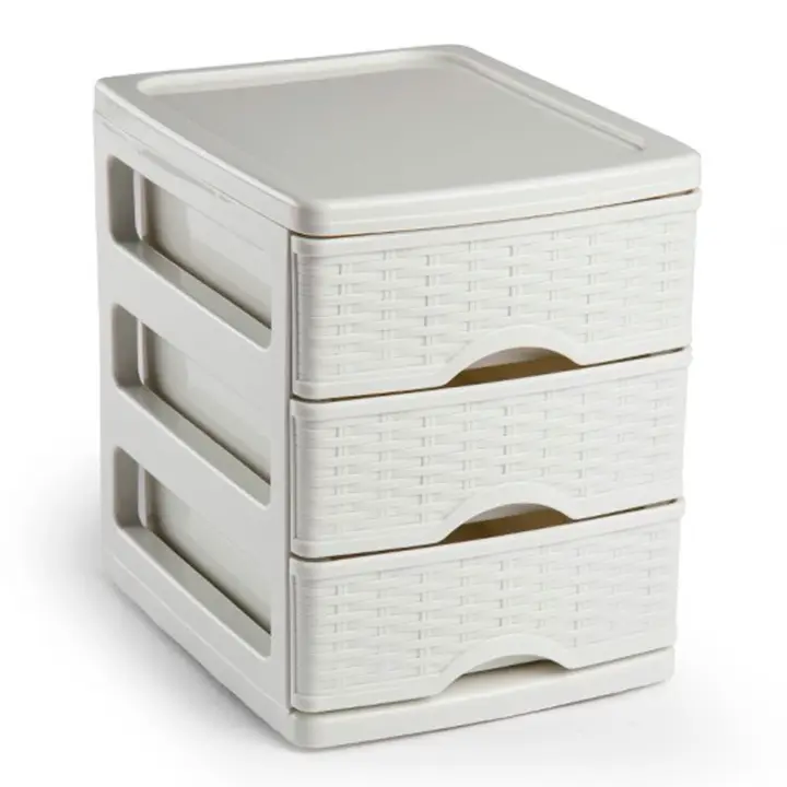 Tradineur - Cajonera de sobremesa, plástico, 3 cajones, 17 x 13,5 x 17 cm, modelo Turia, efecto mimbre, torre almacenaje multiusos, organizador auxiliar, escritorio, baño, oficina, color aleatorio - 1