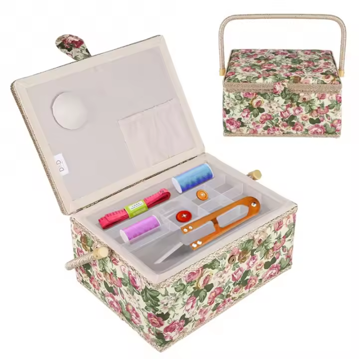 Caja De Artesanía Con Manija Caja De Almacenamiento Floral Para Tejido Caja De Costura Organizador Doméstico Para Materiales De Manualidades - 1