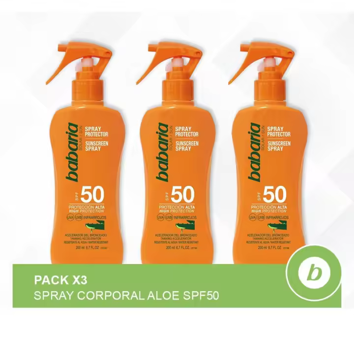 Babaria Pack 3x Spray Corporal Aloe SPF50: Spray Protector Solar Hidratante, Cicatrizante, Regenerador y Resistente al Agua - 1