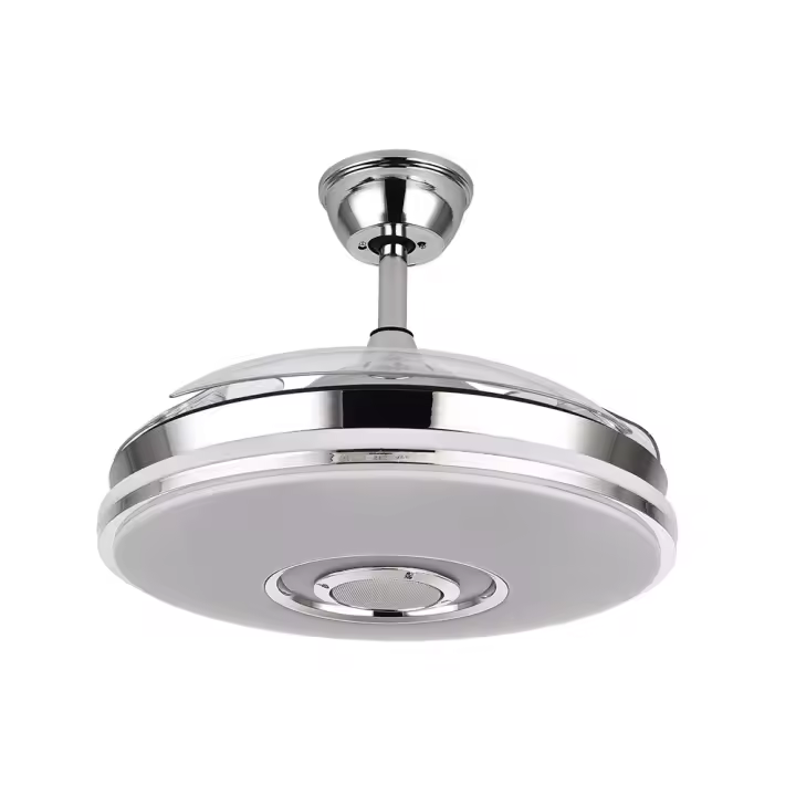 Ventilador de Techo  con luz Fabrilamp DC NOTO - Cromo - 72W - 6120LM - 3 Aspas Desplegables - Altavoz - Mando a Distancia - Ventilador de Techo con Luces LED RGB y Bluetooth - Incluye APP iLink - 1