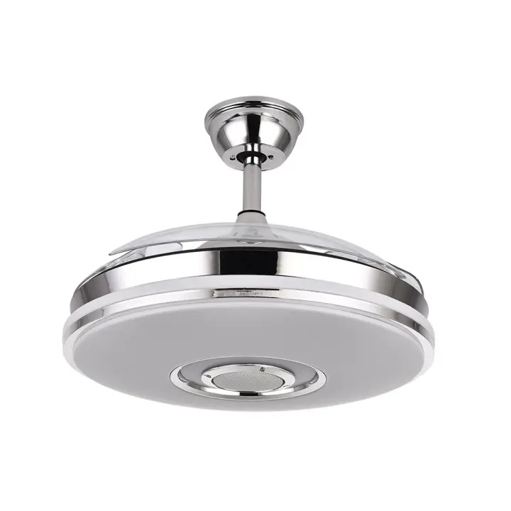 Ventilador de Techo  con luz Fabrilamp DC NOTO - Cromo - 72W - 6120LM - 3 Aspas Desplegables - Altavoz - Mando a Distancia - Ventilador de Techo con Luces LED RGB y Bluetooth - Incluye APP iLink - 1