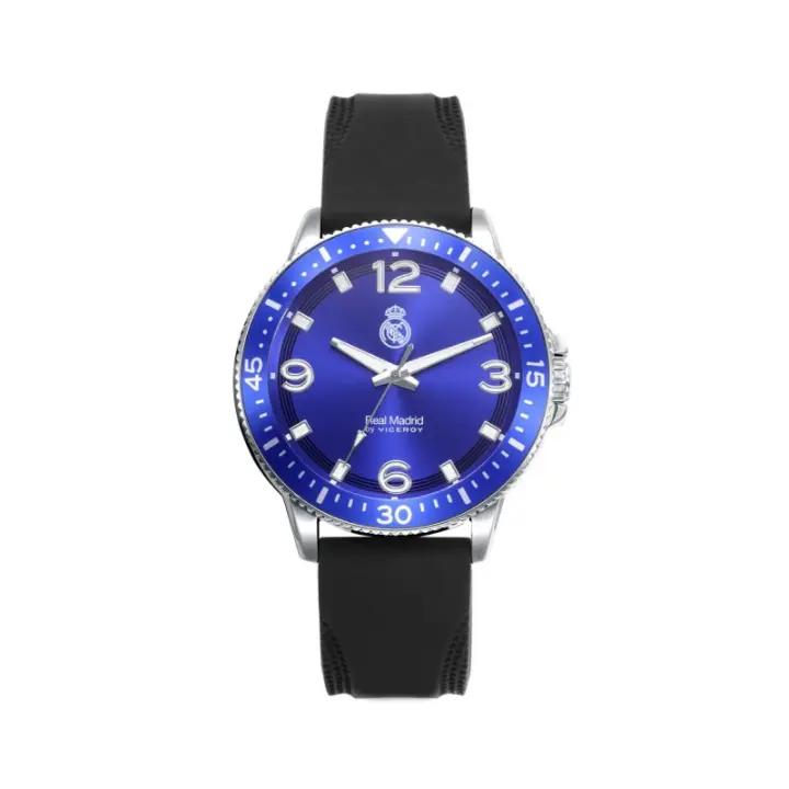 Reloj Real Madrid Hombre 41135-35 | Caja de Acero Inoxidable | Esfera Azul con Escudo Grabado | Correa de Silicona Negra | Diámetro 43 Mm - 1