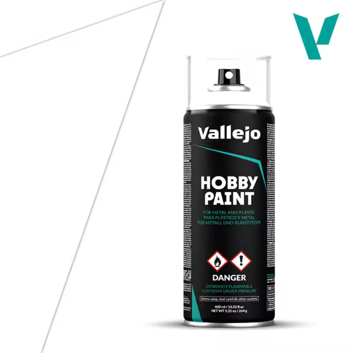ACRYLICOS VALLEJO - SPRAY ACRILICO IMPRIMACION BLANCA (400 ml) - Acrylicos Vallejo 28010 -para Miniaturas de Metal, Plástico y Resina con Acabado Mate. Con anillo coloreado para identificacion del color. - 1