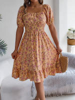 Vestido Elegante De Primavera Y Verano Para Mujer Con Estampado Floral Cuello Cuadrado Manga Corta Volante Al Borde Vestido A-Line De Rodilla Casual - details 26