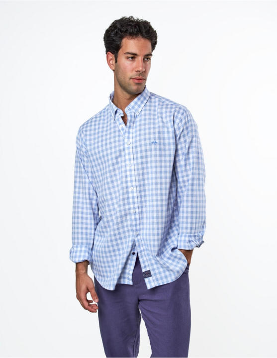 Camisa marca Spagnolo de hombre Cutaway Vichy en tejido de Lino/Algodón Azul SPAGNOLO