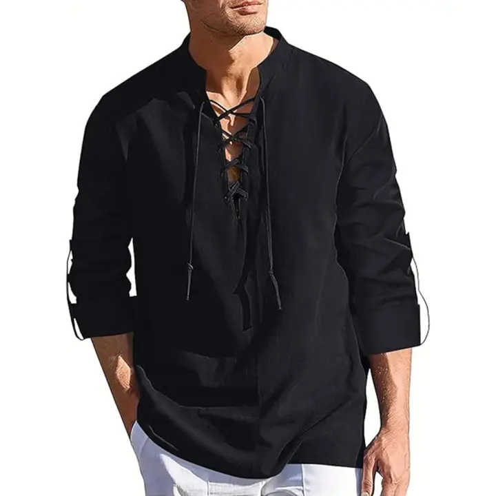 Camisas De Pirata Para Hombres Con Cuello Henry Y Cordón Algodón Y Lino Manga Larga Estilo Bohemio Para Playa Primavera Verano Tops Casual - 1