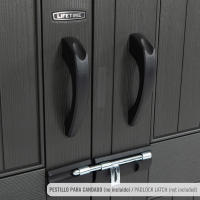 Lifetime - Caseta de jardín 5,9 m², suelo antideslizante, fabricada de polietileno HDPE, 2 ventanas, estantes incluidos, tejado inclinado, doble puerta con cerradura (candado no incluido), ideal para herramientas y almacenaje exterior - details 2