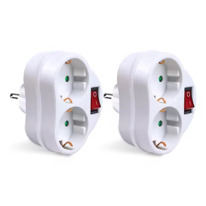 EXTRASTAR- Adaptador 2 en 1 con Interruptor y 2 Enchufes Schuko, Blanco - 1