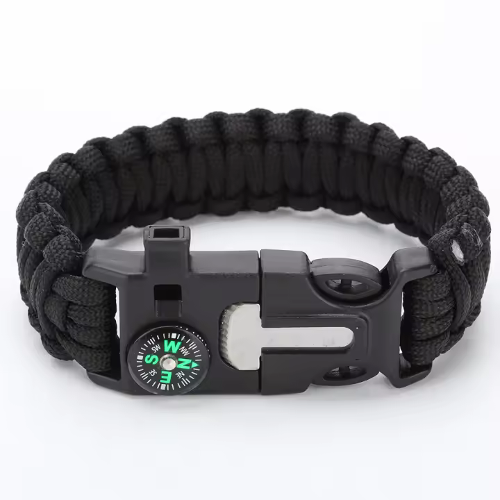 Juego de 1 pulsera de supervivencia Paracord – Pulsera de supervivencia ajustable – con pedernal, raspador, brújula, silbato y cierre de paracord para camping, senderismo (negro) - 1
