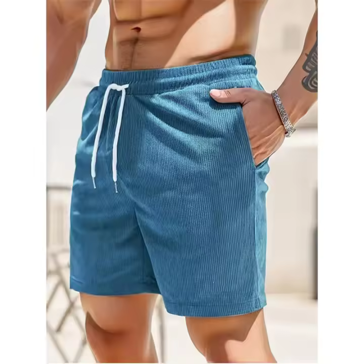 Shorts De Verano Para Hombre De Color Sólido Con Cordón Pantalones De Corduroy Casual Corte Corto Para Fitness - 1