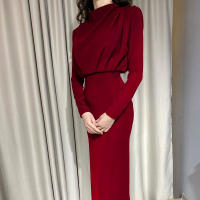 Vestido Largo De Color Sólido Para Mujer Con Cintura Ajustada Manga Larga Y Cuello Redondo Estilo Europeo Y Americano Para Primavera - details 1