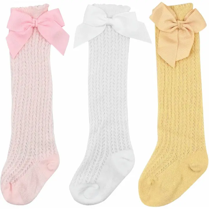 3 Pares de Calcetines para Bebés, Bebés Niñas Calcetines Hasta la Rodilla de Algodón, Calcetines Españoles de Princesa Dulce, Medias de Malla de Punto Lindas para Bebés Pequeños - 1