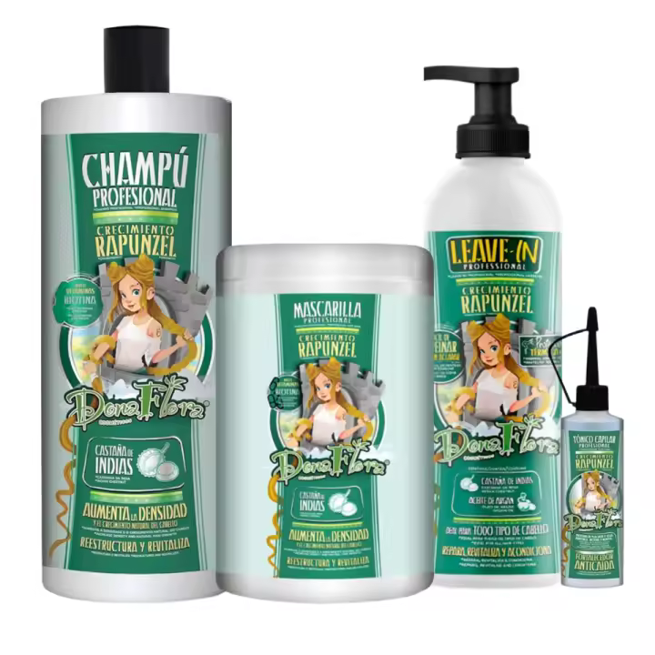 Pack de Tratamiento Rapunzel, Dona Flora Cosméticos, Champú de Biotina, Vitaminas y Castaña de Indias, mas Mascarilla, Tónico y Spray de Peinado con Protección Térmica. Tratamiento de Crecimiento capilar y Anticaida. 1000ml - 1