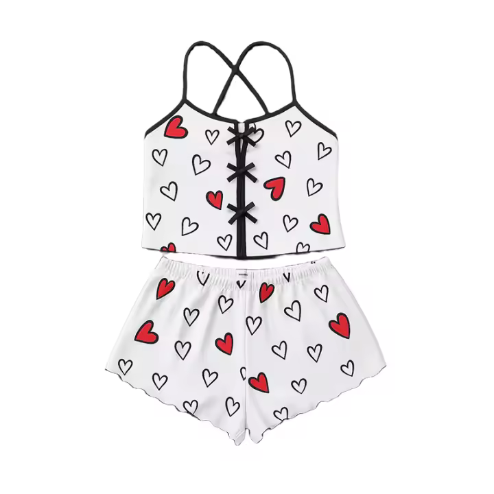 Conjunto De Pijama Para Mujer Con Estampado De Corazones Camiseta De Hombros Y Shorts De Verano Homewear Nocturna Sexy Y Cómoda - 1