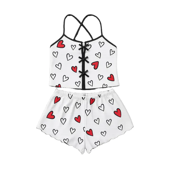 Conjunto De Pijama Para Mujer Con Estampado De Corazones Camiseta De Hombros Y Shorts De Verano Homewear Nocturna Sexy Y Cómoda - 1
