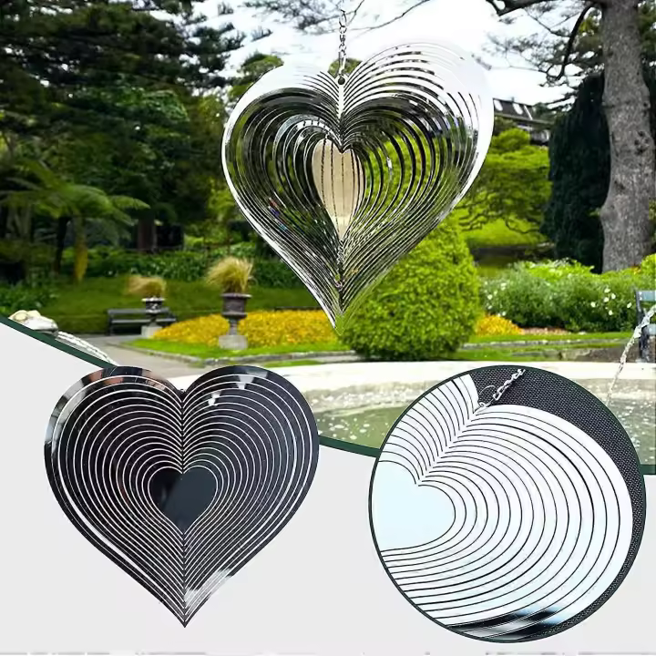 Carillón de viento con forma de corazón en espiral, giratorio de 360 grados, colgante de árbol, adorno de metal para jardín, decoración para exteriores e interiores. - 1