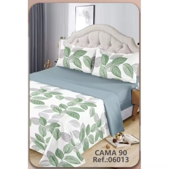 Juego de sábanas 3 piezas cama 90cm Color primavera - verano Estampado hojas verdes - 1