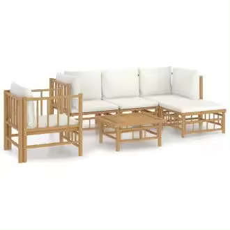 VIDAXL 3155179 set de sofás con reposapiés y silla para jardín de 5 piezas fabricado en bambú con cojines de color blanco vida xl - 1