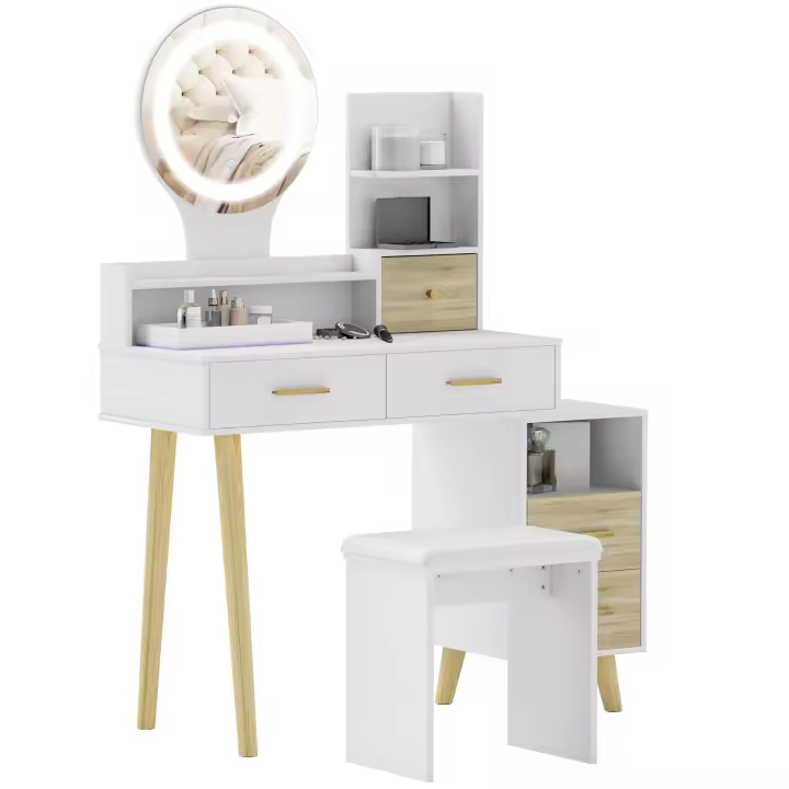 HOMCOM Tocador con espejo y taburete, mesa de maquillaje, luminosidad regulable, 5 cajones, 4 compartimentos abiertos, 1 estante, cable USB 1,5 m, color blanco - 1