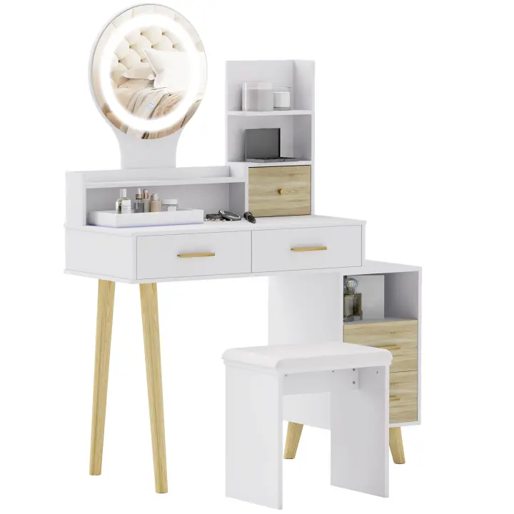 HOMCOM Tocador con espejo y taburete, mesa de maquillaje, luminosidad regulable, 5 cajones, 4 compartimentos abiertos, 1 estante, cable USB 1,5 m, color blanco - 1