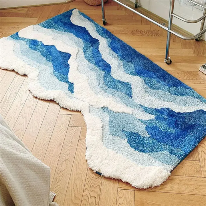 Carpetas De Onda Oceánica Alfombra Fluffy Aestética Para Dormitorio Antideslizante Mecánica Lavable Uso Doméstico Hotel Camping Viaje Puerta Baño Cocina - 1