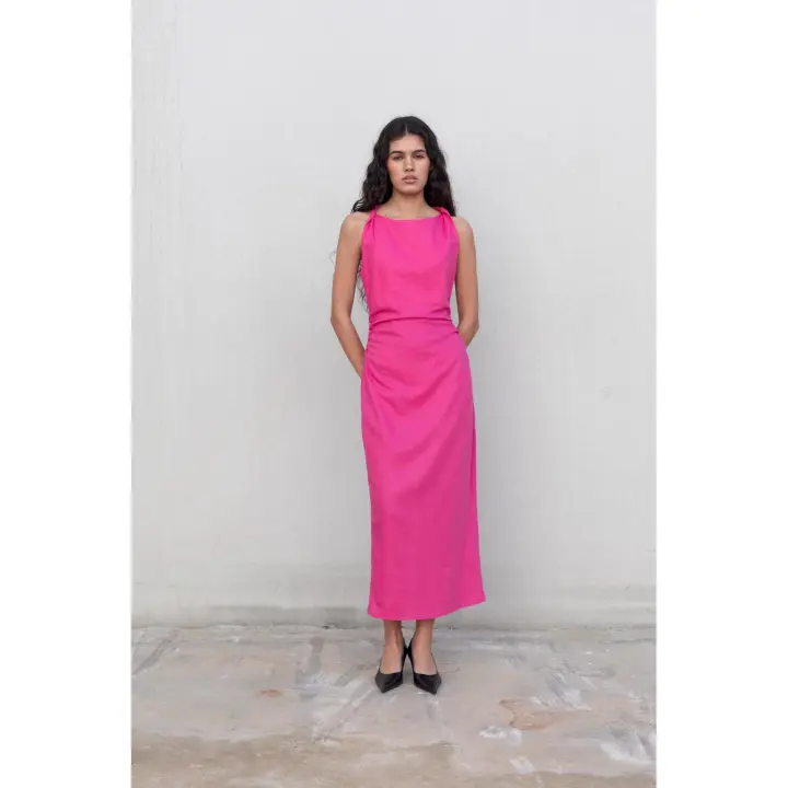 PuntoSalao Vestido largo en lino color rosa para mujer fruncido en cintura - 1