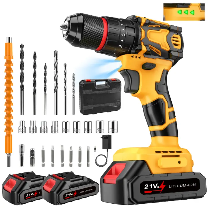Taladro inalámbrico de alta potencia, taladro de impacto de 21 V, velocidad de 2000 rpm, 2 velocidades variables, con luz, ajuste de torque 25+3, función 3 en 1, perfecto para atornillar/taladrar/perforar. - 1