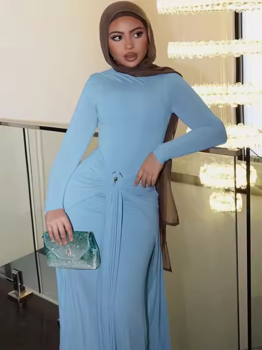 Vestido Maxi Casual Ruched Para Mujer Elegante Y Slim Con Manga Larga De Color Sólido Vestido Largo Para Fiesta De Noche Y Bodas - 1