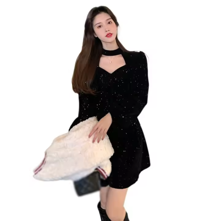 Vestido De Mujer Para Otoño Y Invierno Con Cintura Alta Y Cuello Navideño Vestido De Pierna Larga Y Manga Larga De Poliéster - 1
