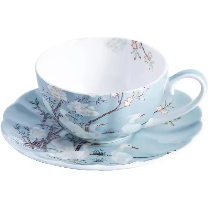 Taza de café de Porcelana FINA Azul with platilla, Flores de Colores, Taza de Te y platilla de Porcelana with form de Grulla Blanca - 1
