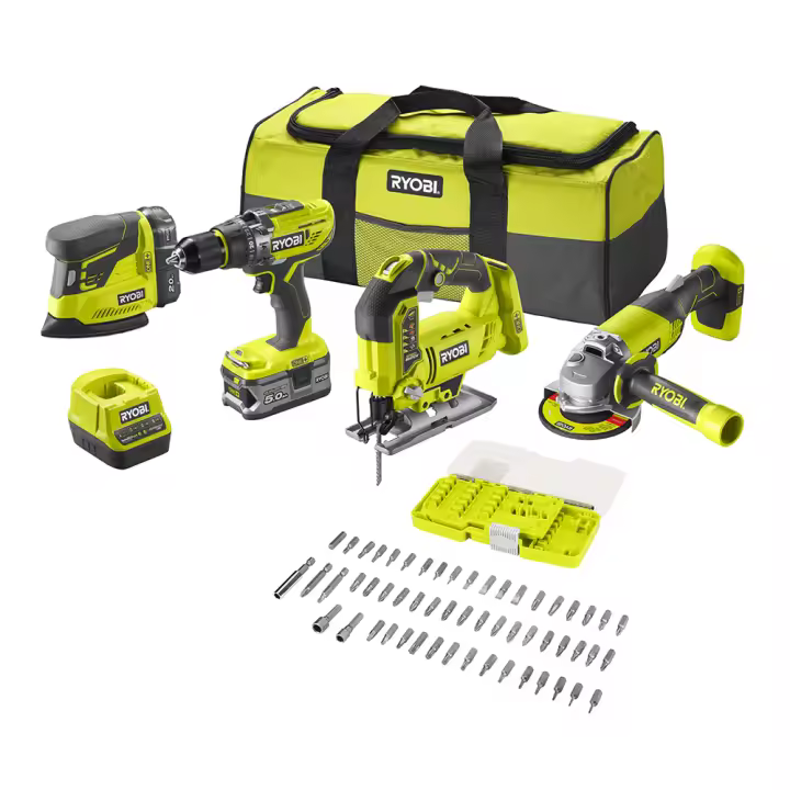 Kit de Herramientas Ryobi 18V Potente con Taladro de Percusión, Amoladora Angular, Sierra de Calar y Lijadora - 1