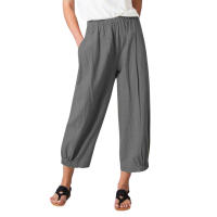 Pantalones Anchos De Algodón Para Mujer En Color Sólido Con Cintura Elástica Y Bolsillos Estilo Casual Vintage Streetwear - details 1
