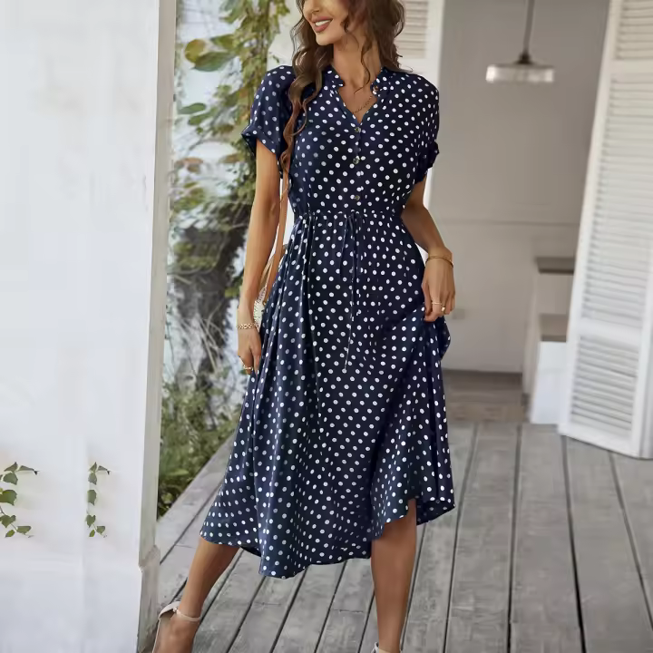 Polka dot dress summer new product Mori girl all-match shirt collar large swing skirt - 1