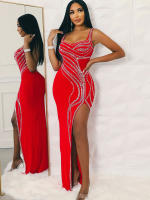 Vestido Maxi De Mujer Con Diamantes Y Abertura En Pierna Beyprern Decorado Con Rhinestones Vestido Sexy Para Fiesta Club Cumpleaños Poliéster Elástico Sin Mangas - details 5
