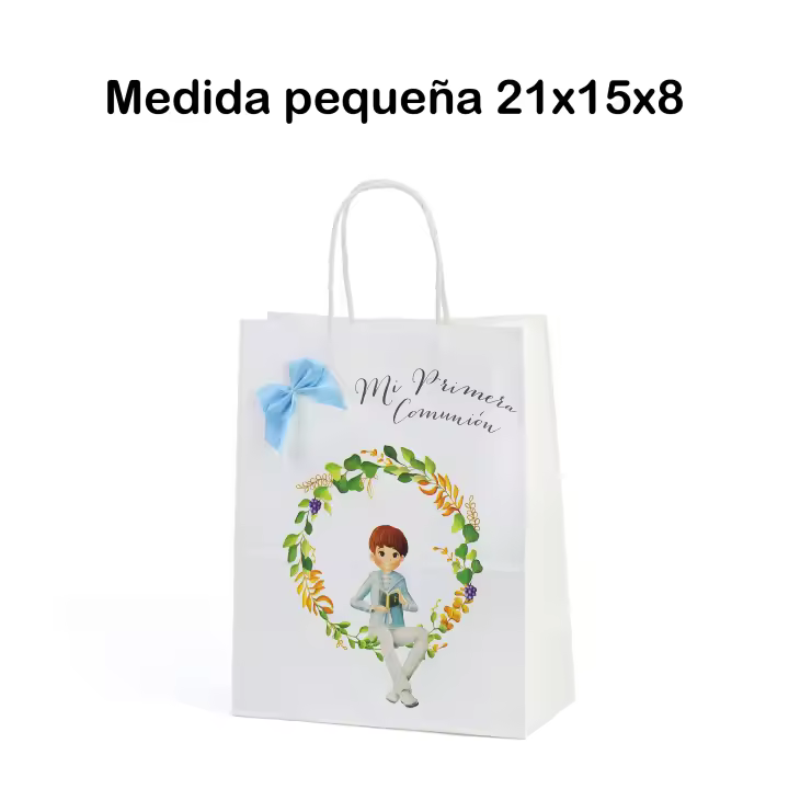 Pack de 12 a 42 unidades de Bolsas de papel de comunión, Bolsa de regalo de Mi Primera Comunión, Para comunión de niño y comunión de niña, 2 Modelo orla de flores y hojas, Impresión de calidad y lazo decorativo de diferente color, Regalantes.com - 1