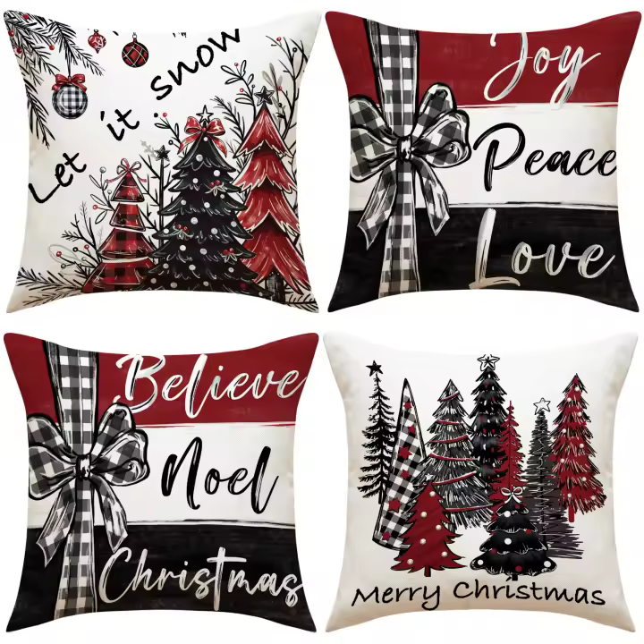 Conjunto de 4 árbol de Navidad almohada cubre, decoración de vacaciones de invierno, cojines de impresión de lino para sofá y decoración del hogar - 1