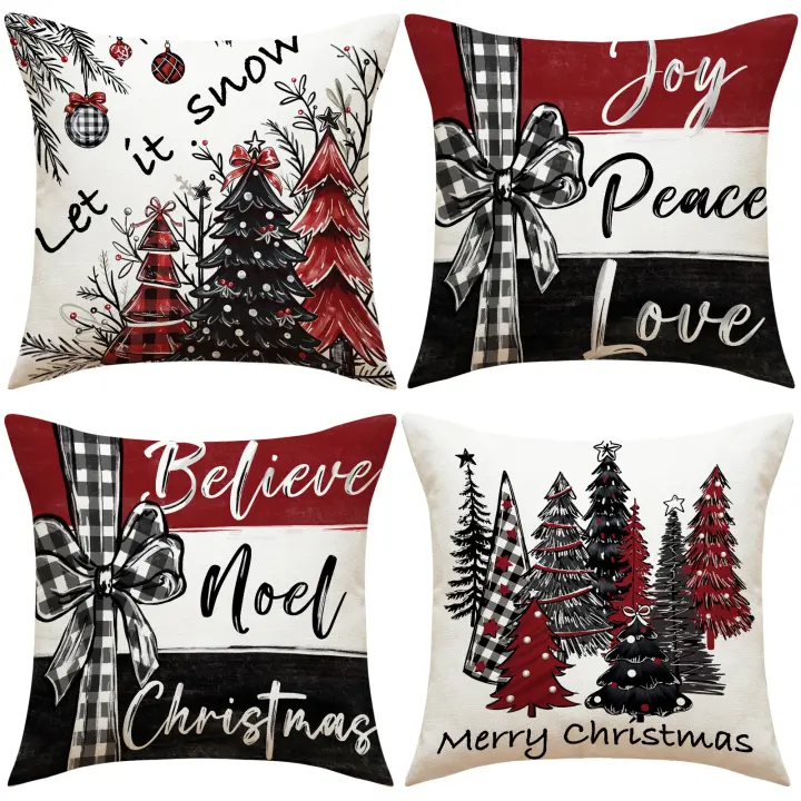 Conjunto de 4 árbol de Navidad almohada cubre, decoración de vacaciones de invierno, cojines de impresión de lino para sofá y decoración del hogar - 1