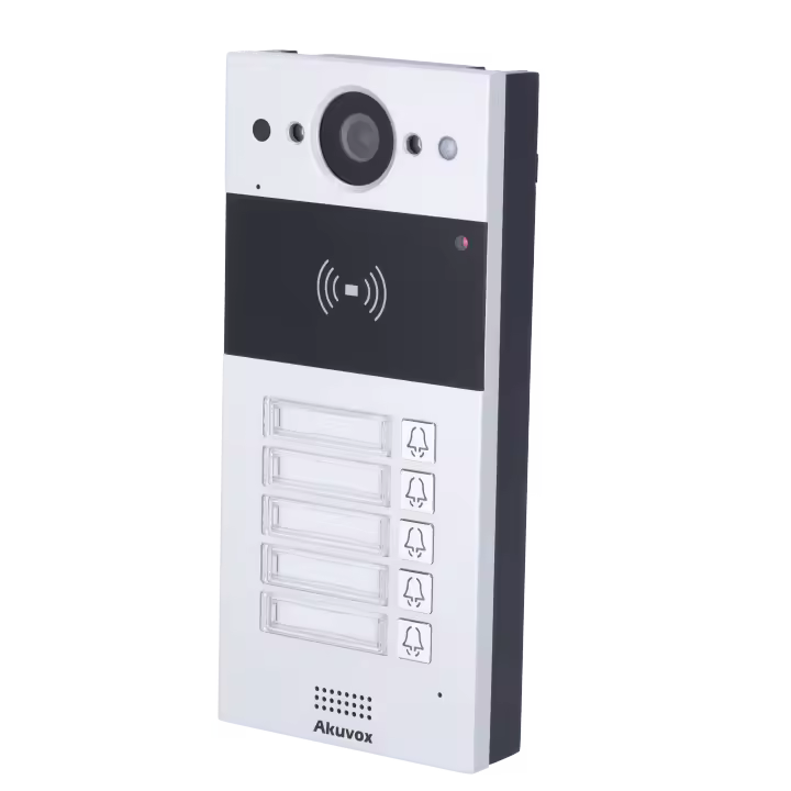 Videoportero IP en superficie - Cámara 2 Mpx | Audio bidireccional Crystal Clear - Apertura con tarjetas EM/MF y NFC | 2 relés - 5 apartamentos | PoE, SIP estándar - Mantenimiento Cloud - Conexión a través de Cloud | Salida 12V - 1