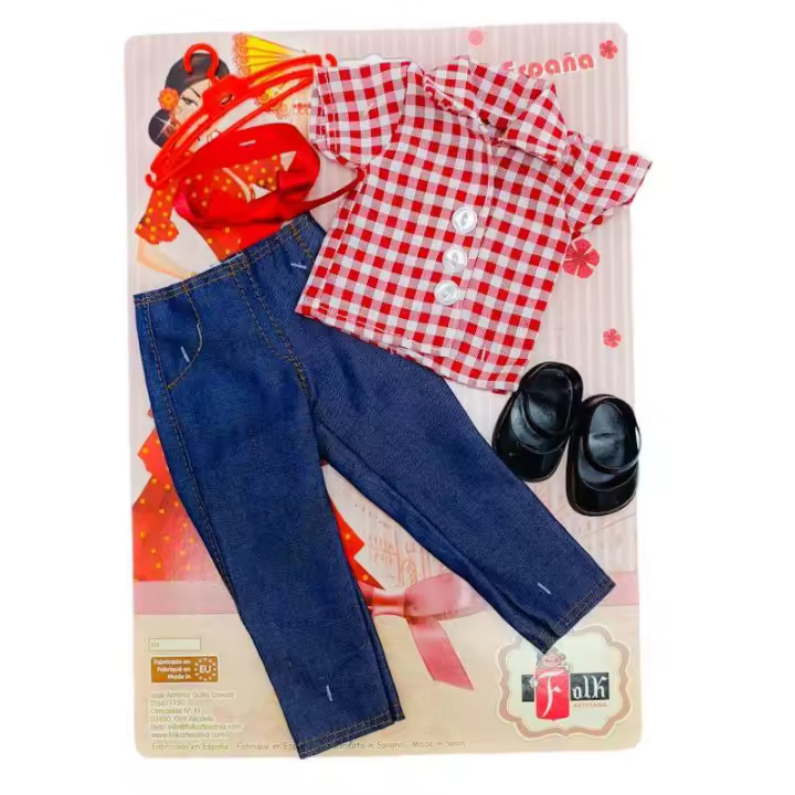 Set ropa muñeca Folk Artesanía jeans y camisa cuadros para muñecas colección Sintra, Simona, Mari's, Pepa's o Naia 41 cm. - 1
