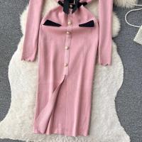 YuooMuoo Vestido Elegante Bodycon Para Mujer Con Cuello V Y Lazo Manga Larga Split Frontal Estilo Oficina Lady Chic Para Fiesta Y Trabajo - details 19