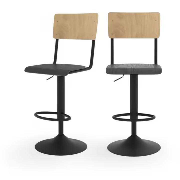 ORION91 Taburete Alto ELITY Acero 60/80cm Regulable Color Negro y Madera Clara Bar Hostelería Pub Restaurante Comedor Oficina Salón Teletrabajo Cocina - SpazioLuzio - 1