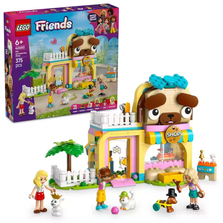 LEGO 42650 Friends Tienda de Accesorios para Mascotas, Animales de Juguete (Gato, Perro, Conejo) y 3 Mini Muñecos Nova, Leo y Matilde para el Juego de Rol, Regalo para Niñas de 6 Años o Más - 1