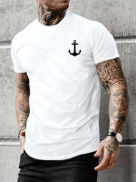 Camiseta De Algodón 100% Para Hombre Con Patrón De Ancla Casual Deportiva Ajustada Con Mangas Cortas Cuello Redondo - details 3