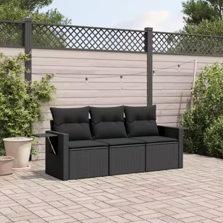 vidaXL Set de sofás de jardín con cojines 3 pzas ratán sintético negro - 1