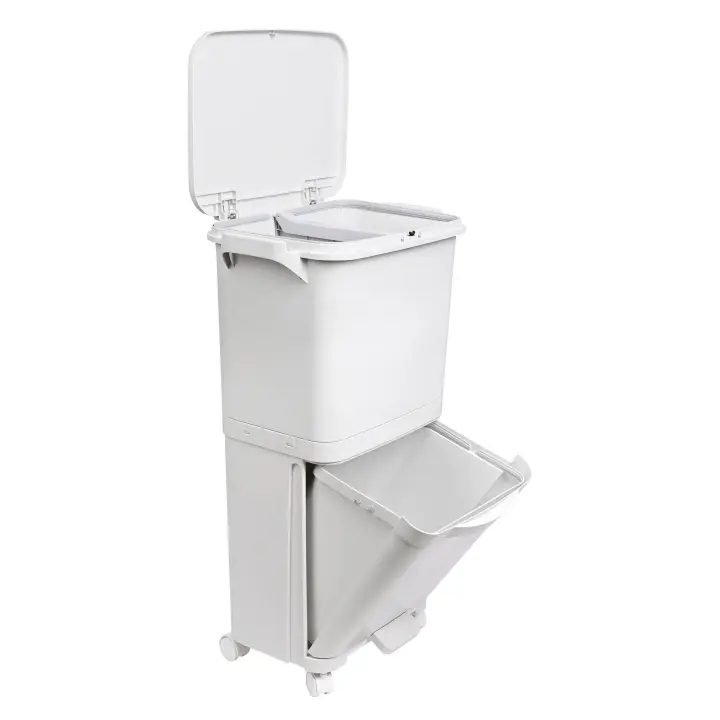 Papelera de reciclaje de clasificación selectiva con pedal, ruedas y asa de doble compartimentos de 38L (24L + 14L) o 42L (24L + 4L + 14L) - 1